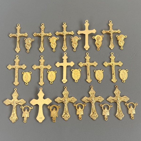 GOLD 30pc Rosary Set ITALY / 15 Rosary Crucifix & 15 Rosary Centerpiece  Miraculous Medal Center Virgin Mary Center Italian Rosaries Part