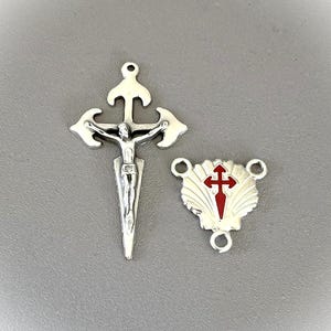 RED Cross St JAMES Camino de Santiago Silver Rosary Crucifix / Shell Center Centerpiece / ITALIAN Rosaries Parts