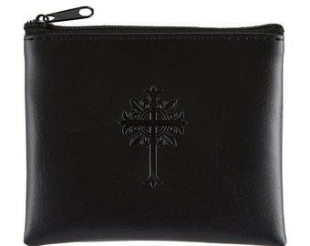 BLACK Large Deluxe Rosary Case ~ Zipper Rosary Pouch Faux Leather - Large 4.5 x 3.5 bag for Catholic Rosaries