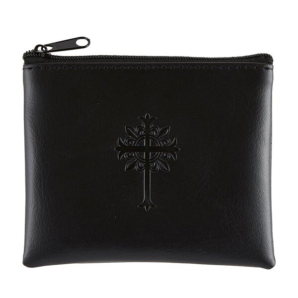 BLACK Large Deluxe Rosary Case ~ Zipper Rosary Pouch Faux Leather - Large 4.5 x 3.5 bag for Catholic Rosaries