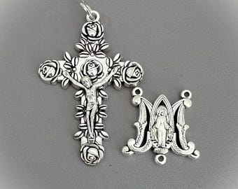 2pc Miraculous Medal Rosary Centerpiece & ROSE Rosary Crucifix / Silver Virgin Mary Madonna Centers Rosaries parts