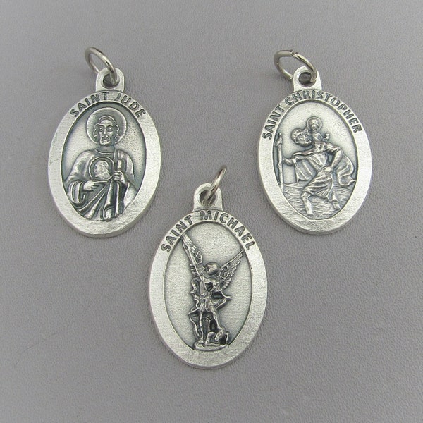 Set 3 Silver MALE Saint Charms - Saint Michael Holy Medals - St. Jude Charm - Saint Christopher Medal Catholic ITALY Charms Pendant Necklace