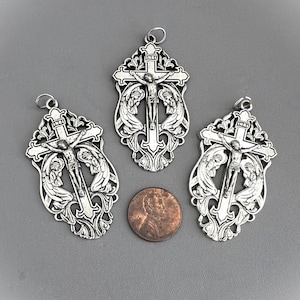 3pc ADORATION Crucifix / 2&quot; Silver Crucifix Cross with Angels / DIY Rosaries parts