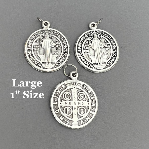 Large 1" SILVER Saint BENEDICT Medal / Silver St Benedict Holy Medals Charms / Patron saint Protection Evil ITALIAN Rosary Parts