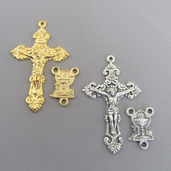 FILIGREE First Holy Communion Rosary Set / Gold Chalice Center Silver Chalice Centerpiece / 1st Communion Crucifix Cross ITALY Rosary Parts