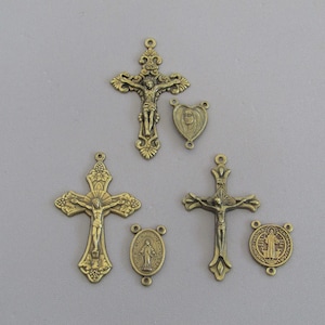 Heart Virgin Mary Rosary Set / Saint Benedict Center & Bronze Crucifix / Miraculous Medal Centerpiece BRONZE Cross / Italian Rosary Parts