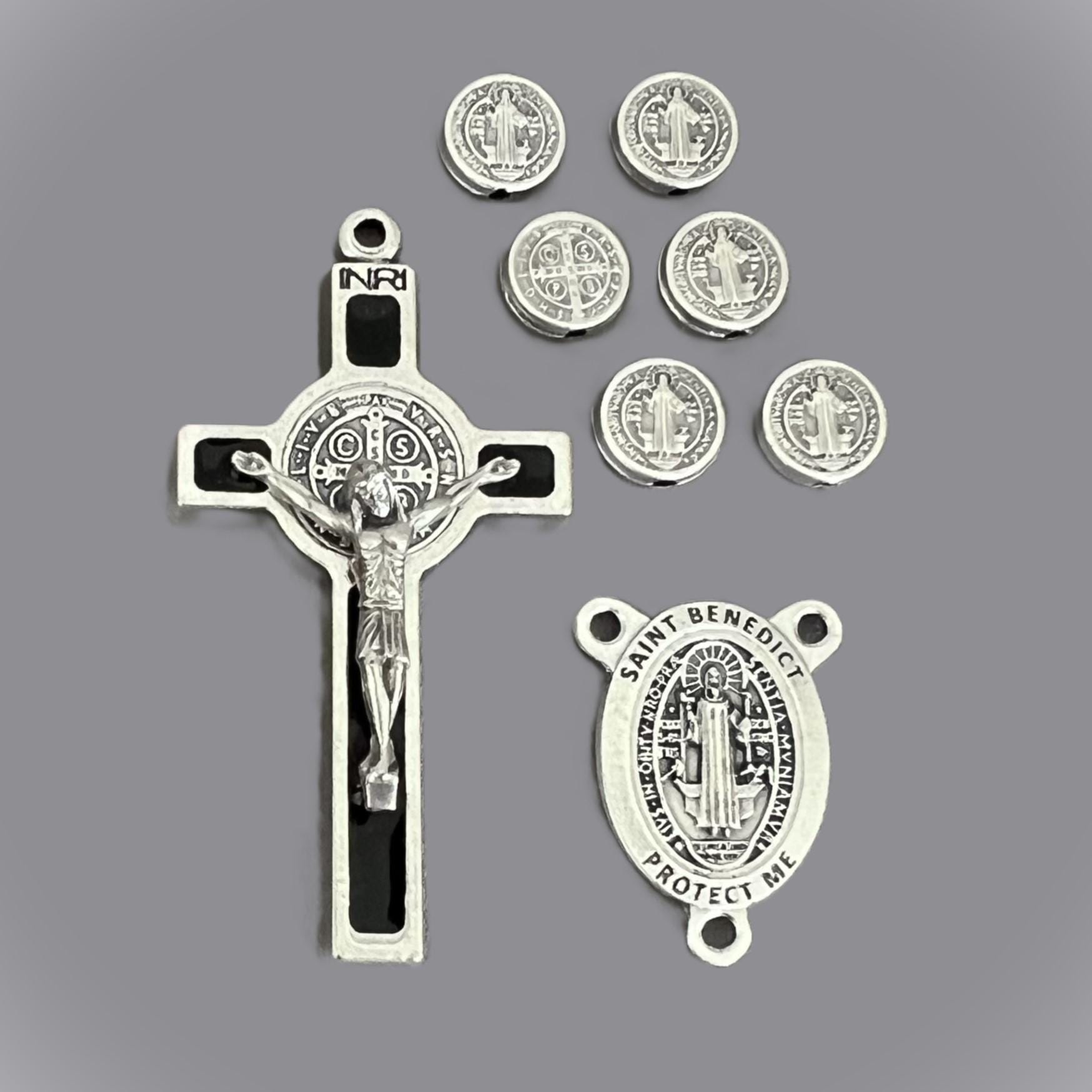 St. Benedict Rosary Holder Wall Mount - Wood With Gold Medals, 4 Hooks For Prayer Beads