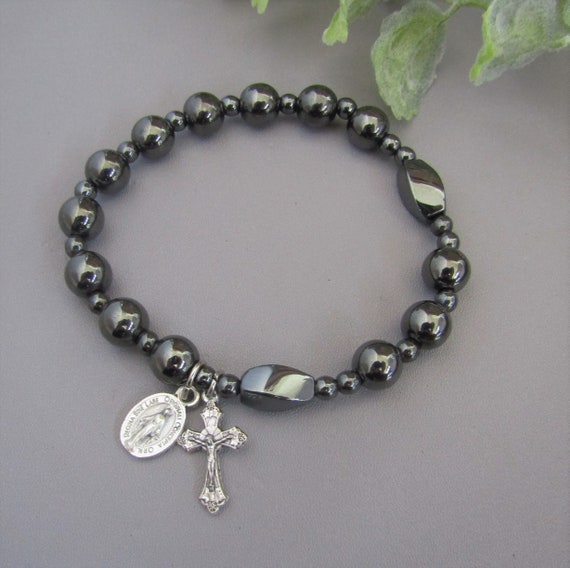 HEMATITE Rosary Bracelet Black Rosary Bracelet Miraculous Medal Stretch Rosary Bracelet ITALY Gold Crucifix Confirmation Jewelry Gift Etsy Australia