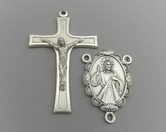 Italy SCALLOP Divine Mercy Rosary Crucifix & Centerpiece - Silver Large Crucifix - Jesus Divine Mercy Center 2 pc Set - Italian Rosary Parts