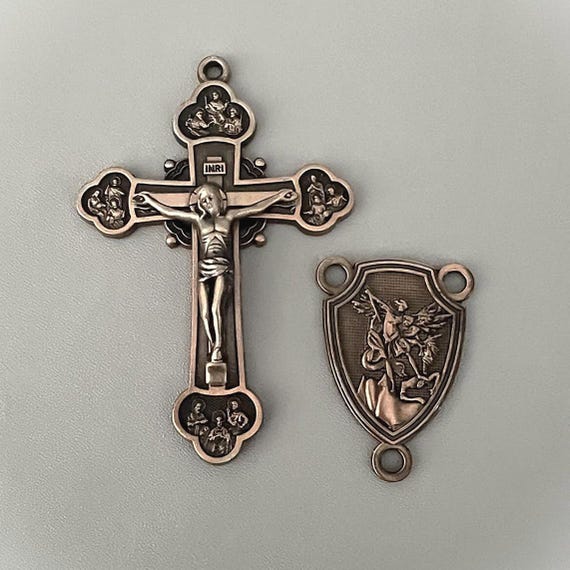 LARGE Copper Rosary Crucifix Cross & Saint MICHAEL Centerpiece / Catholic Rosaries parts supplies