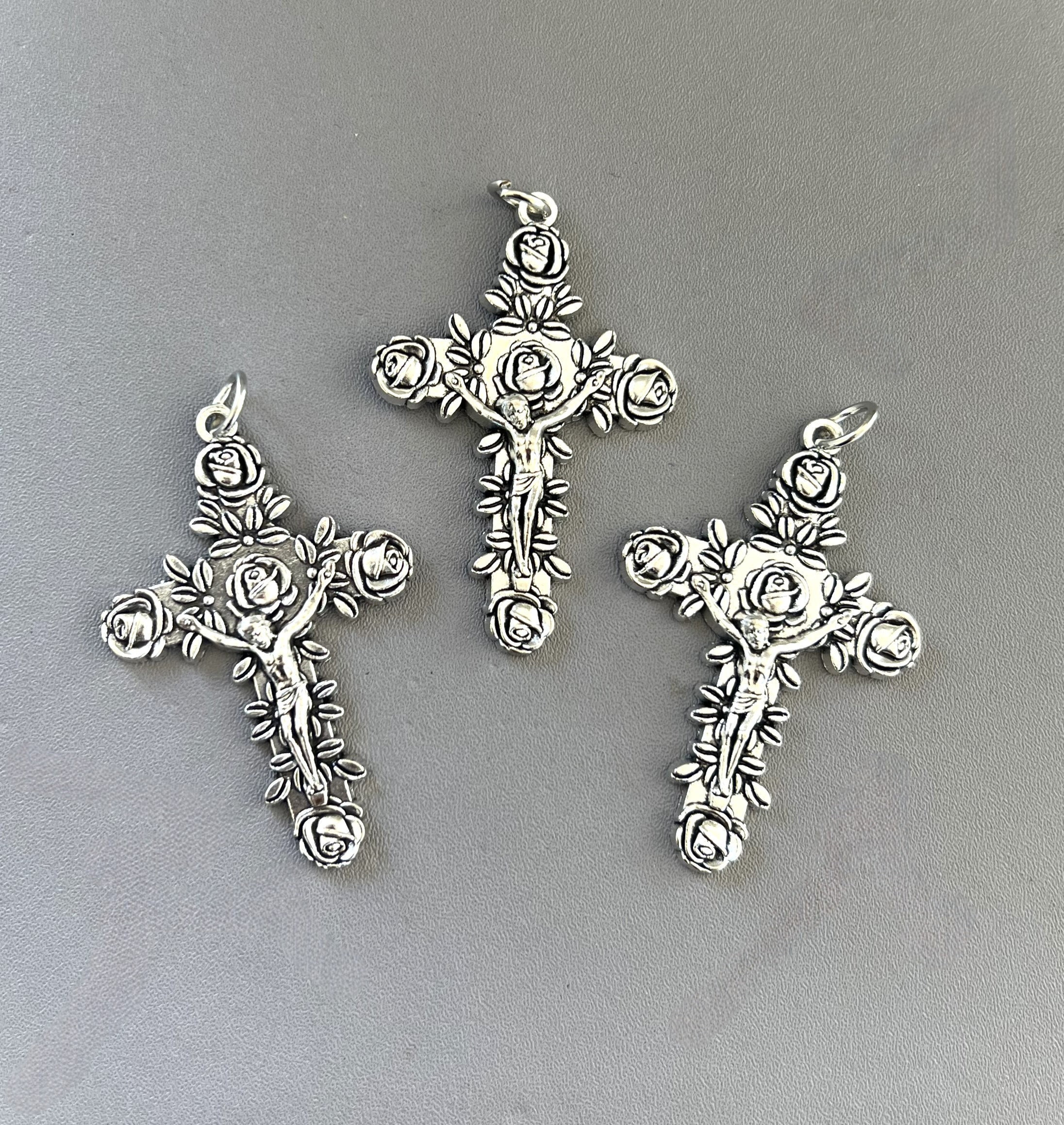 ROSE Rosary Crucifix Pendant / 2" Large Silver Alloy Catholic Crucifix Cross / ROSE Crucifix Silver Cross DIY Rosaries parts