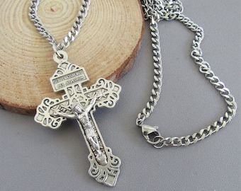 SILVER Pardon Crucifix Pendant Necklace / Large Pardon Indulgence Crucifix Jewelry Miraculous Medal 20&quot; 24&quot; 28&quot; Chain ITALY Silver Cross