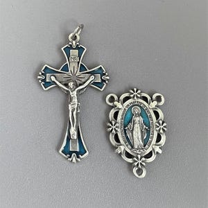 Italy BLUE Rosary Crucifix & Miraculous Medal Rosary Centerpiece / Silver Italian Rosaries parts