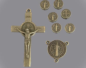 8pc BRONZE finish Saint BENEDICT Rosary Crucifix & Centerpiece / Bronze Large Rosary Crucifix St. Benedict Medal Center / DIY Rosary Parts