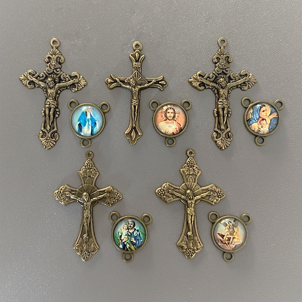 ITALY Bronze Small 5 Rosary Crucifix & 5 Rosary Centerpiece * St. Saint Michael Center Miraculous Medal * Italian Rosary Parts 10 pc SET