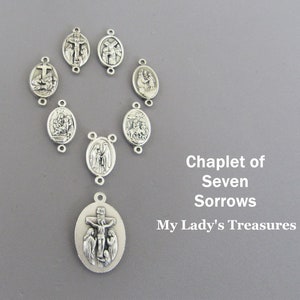 Italy 8pc SET Seven Sorrows of Mary Rosary Chaplet Medals/ SILVER Setti Dolori Servite Rosary Medals / 7 Sorrow medals Italian Rosary Parts