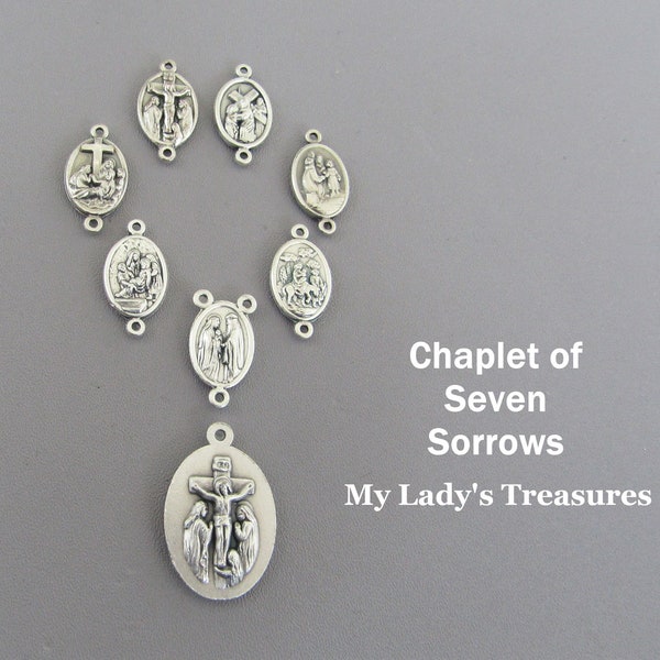 Italy 8pc SET Seven Sorrows of Mary Rosary Chaplet Medals/ SILVER Setti Dolori Servite Rosary Medals / 7 Sorrow medals Italian Rosary Parts