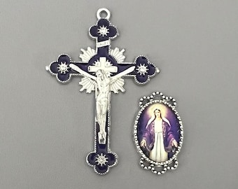 Rhinestone PURPLE Rosary Crucifix & Blessed Mother Rosary Centerpiece / 2" Crucifix Cross Silver Virgin Mary Centers / DIY Rosaries parts