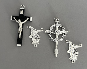 Silhouette Saint MICHAEL Rosary Centerpiece & Crucifix / Black Wood or Silver Crown Thorn Crucifix / Silver St. Michael Center Rosaries part