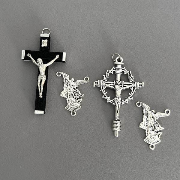 Silhouette Saint MICHAEL Rosary Centerpiece & Crucifix / Black Wood or Silver Crown Thorn Crucifix / Silver St. Michael Center Rosaries part