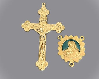 Large 2.25" Gold Liturgy Rosary Crucifix & Virgin Mary Center /  Blue Madonna with Child Centerpiece / Italian Rosary Parts