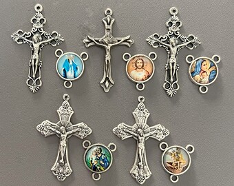 ITALY Silver Small 5 Rosary Crucifix & 5 Rosary Centerpiece * St. Saint Michael Center Miraculous Medal * Italian Rosary Parts 10 pc SET