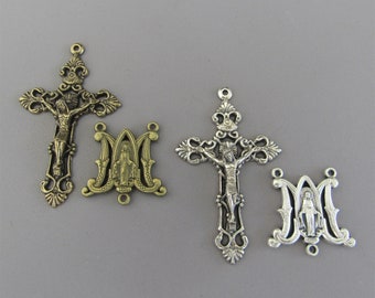 Filigree Rosary Crucifix & Miraculous Medal Rosary Centerpiece / Large Crucifix Cross Silver Miraculous Medal Center / Italian Rosary parts