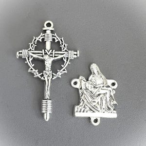 PIETA Rosary Centerpiece &  Crown with Thorns Rosary Crucifix / Large 2" Silver Cross Nail Crucifix / Rosary Supply Part