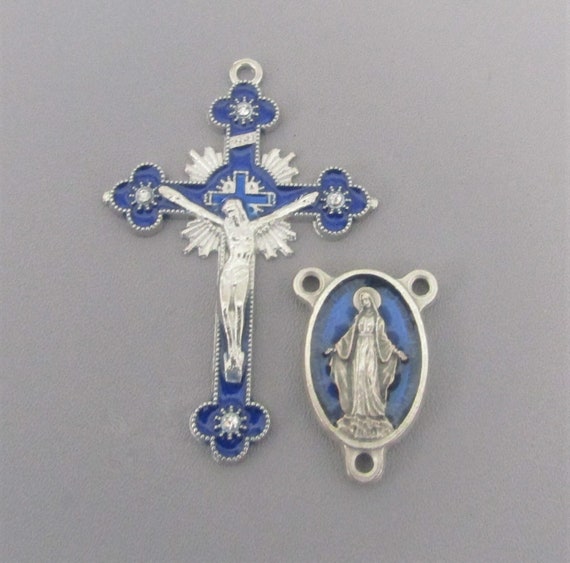 Rhinestone BLUE Rosary Crucifix & MIRACULOUS MEDAL Rosary Centerpiece / 2" Crucifix Cross Silver Virgin Mary Centers Rosaries parts