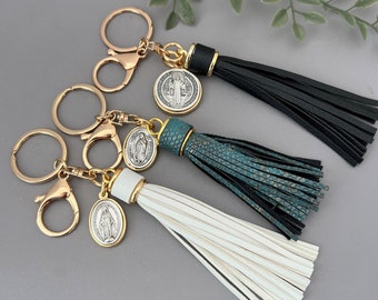 Black Saint Benedict Key Chain - White Miraculous Medal Keychain - Lady of Guadalupe Charm Clip-On Purse Clip - St Benedict Protection