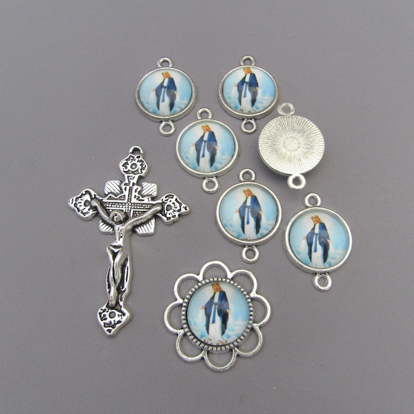Style B Silver Our Lady of GRACE Rosary Centerpiece Rosary Crucifix ~ 8pc Rosary Set Miraculous Medal Center Rosaries Pater Our Father Bead