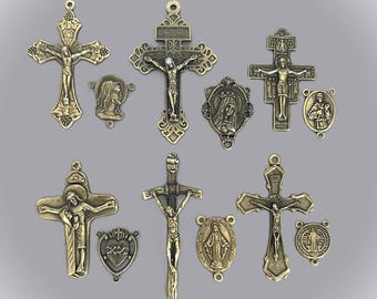 BRONZE finish ITALY 6 Rosary Crucifix & 6 Rosary Centerpiece 12 piece Rosary Set Miraculous Medal Center Lady Guadalupe Center Rosaries Part