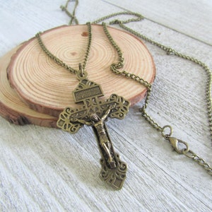 BRONZE Pardon Crucifix Pendant Necklace Large Pardon Cross Jewelry Miraculous Medal 20&quot; 24&quot; 28&quot; 32&#39; Chain ITALY Bronze Cross