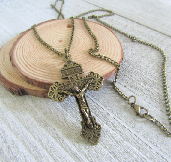 BRONZE Pardon Crucifix Pendant Necklace Large Pardon Cross Jewelry