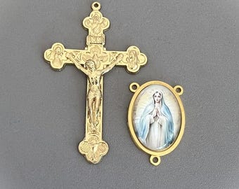 Large Gold Rosary Crucifix and BLUE Virgin Mary Centerpiece /  Italian Rosary Part