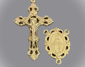 Italy FILIGREE 2" Gold Rosary Crucifix & OVAL Miraculous Medal Centerpiece / Large Crucifix Gold Miraculous Medal Center Italian Rosary part