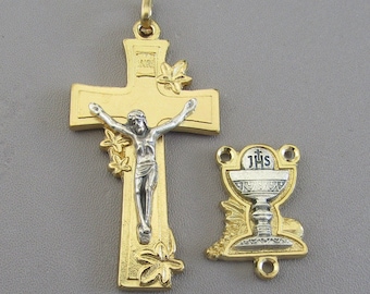 Large Two Tone First Communion Rosary Set Chalice Center Chalice Centerpiece GOLD Crucifix Cross Rosaries Parts 1st Communion ITALY Parts
