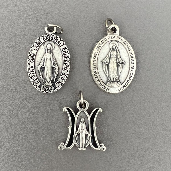 1" Silver Miraculous Medal Charms / 3/4" Virgin Mary Charms / Madonna Miraculous Medal Pendants Jewelry / Italian Rosary Parts Lot 3