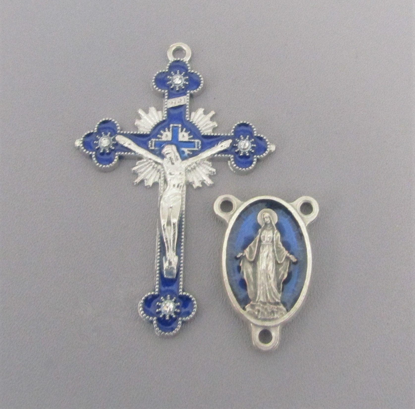 Rhinestone BLUE Rosary Crucifix & MIRACULOUS MEDAL Rosary Centerpiece…