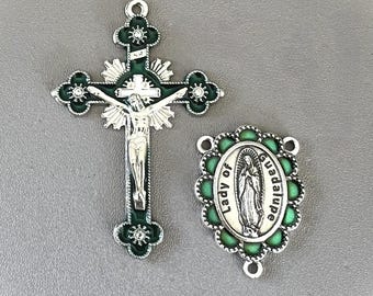Rhinestone GREEN Rosary Crucifix & Our Lady of Guadalupe Centerpiece / 2" Crucifix Cross Silver Virgin de Guadalupe Rosary Parts