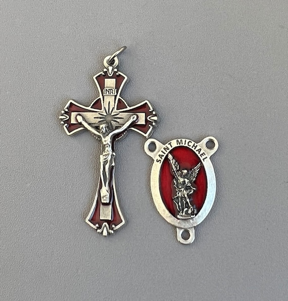 Italy DELUXE Red Saint MICHAEL Rosary Centerpiece & Rosary Crucifix / Italian Rosaries parts patron Military
