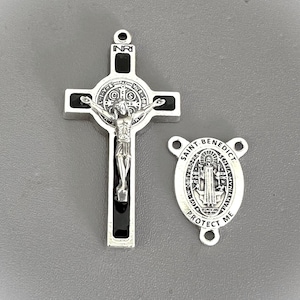 LARGE Saint BENEDICT Rosary Crucifix & Centerpiece / Black Silver Rosary Crucifix / 2 piece Black St. Benedict Medal Rosary Set Parts