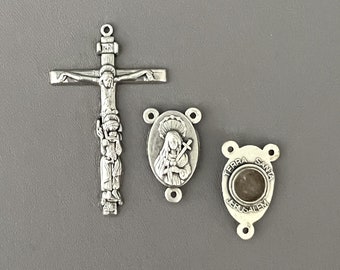 Jerusalem SOIL Rosary Centerpiece & Rosary Crucifix - Mary at Foot of Cross Crucifix - Sorrowful Mother Center ITALIAN Rosary Parts