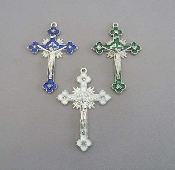 White Rhinestone Rosary Crucifix / Large BLUE Crucifix Pendant / 2