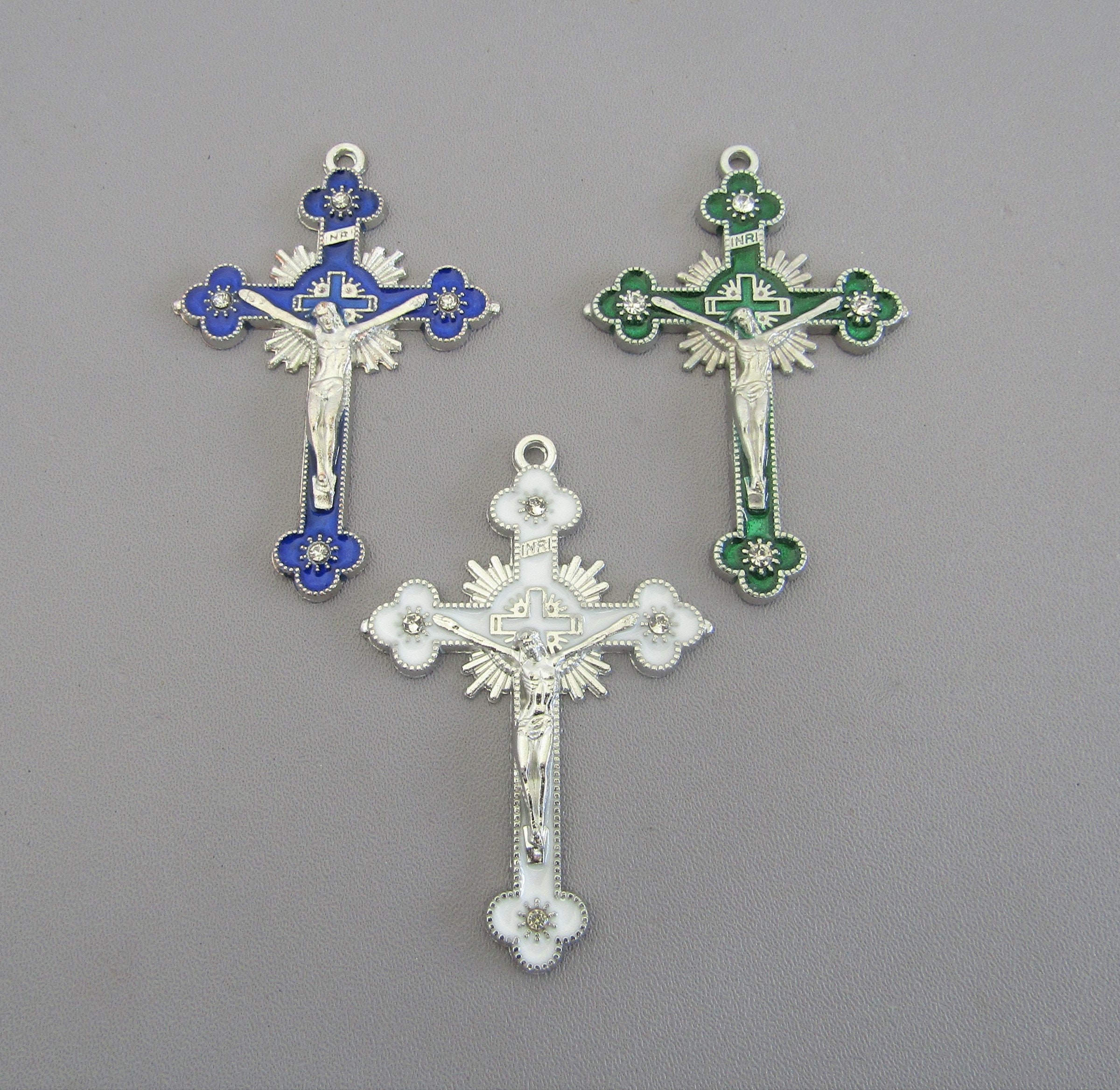 White Enamel Rhinestone Deluxe Rosary Crucifix or Pendant Large Rosary  Making Crucifix 2 Inches Rosary Parts Rosary Supplies 