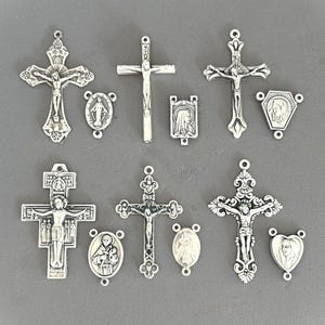 SMALL Silver ITALY 6 Rosary Crucifix & 6 Rosary Centerpiece / 12 piece Rosary Set Miraculous Medal Center Divine Mercy Center Rosaries Part