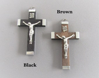 ITALY 2 pc Black Wood Rosary Crucifix / 1.75" Brown Wooden Crucifix Silver Cross - Italian Rosary Parts C121