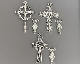 LARGE 3 Rosary Crucifix & 3 Rosary Centerpiece / 6 piece Rosary Set Crown Thorn Crucifix Rose Crucifix Celtic Crucifix /DIY Rosaries Part