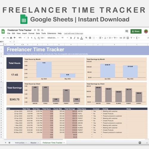 Freelancer Timesheet Google Sheets Time Tracker Spreadsheet Etsy