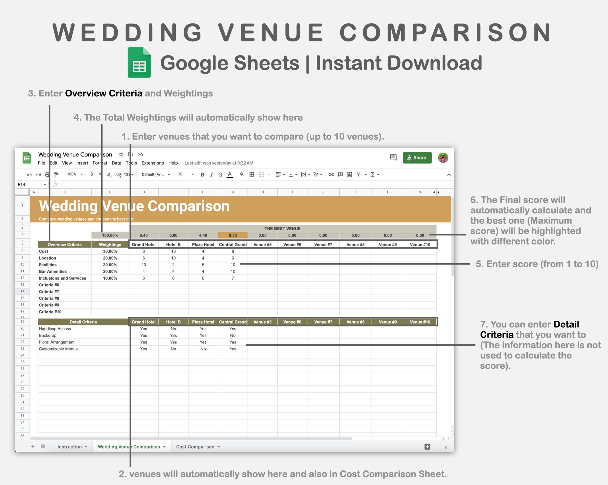 Google Sheets Wedding Venue Comparison, Price Comparison, Spreadsheet